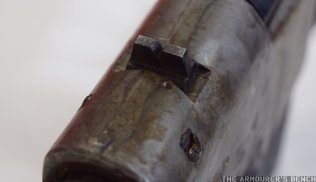 Close up of the carbine's simple notched rear sight (Matthew Moss)